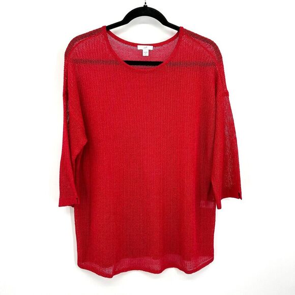 J. JILL Red Open Knit Linen Blend Crew Neck Pullover Sweater Top Medium Petite - Picture 1 of 5